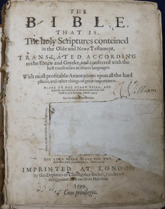 Bible in English - Bible (Geneva version), 8vo, calf, some pages torn, other with loss, Deputies of Christopher Barker, London 1599
